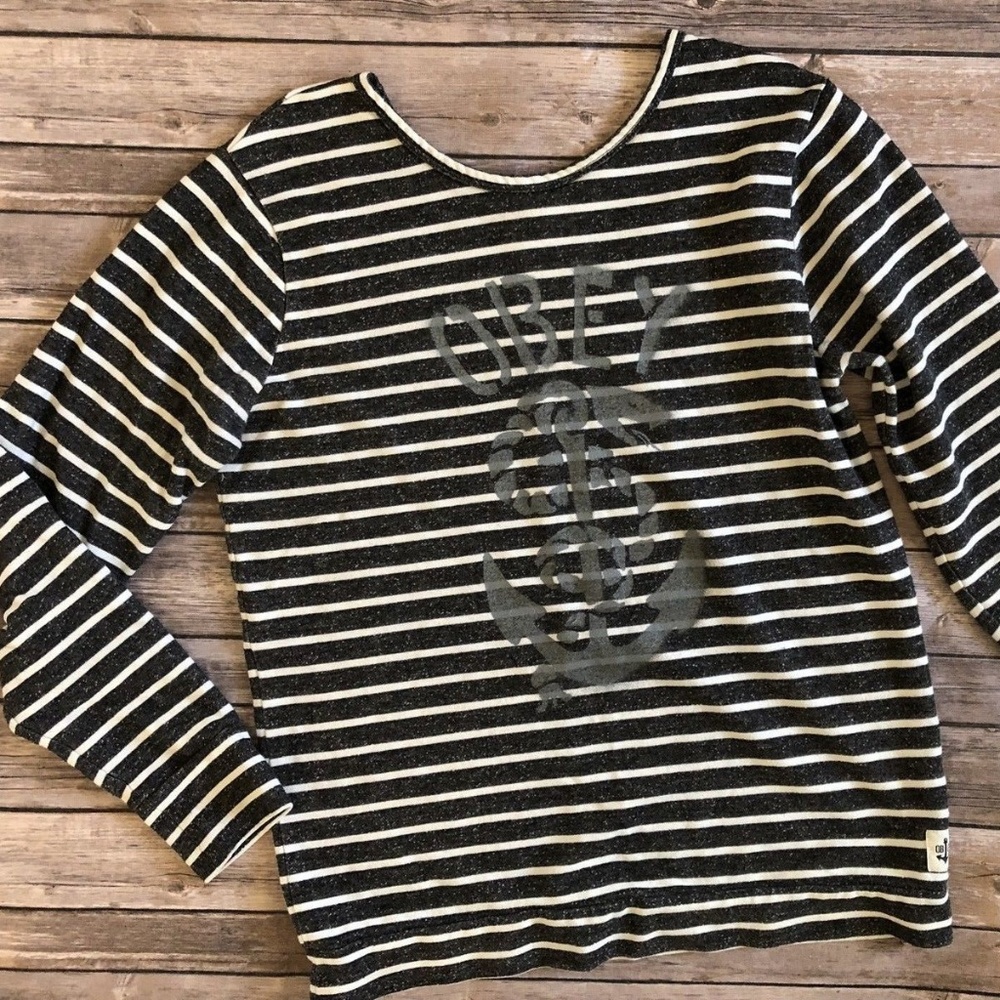 Obey Nautical Anchor Gray White Striped Sweatshirt